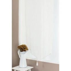 RIDEAUDISCOUNT Vitrage 70 X 190 Cm Passe Tringle Effet Naturel Rayures Verticales Rami Finition Bas Triangulaire Pompon Blanc - Blanc -Rideau et tringle Soldes 2024 12255181 3