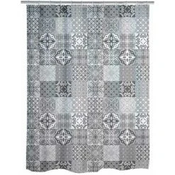 WENKO Rideau De Douche Original Portugal, Rideau De Douche 180x200 Cm, Lavable En Machine Et Waterproof, 12 Anneaux Rideau De Douche En Plastique Blanc Inclus, Polyester, 180x200 Cm, Gris - Blanc