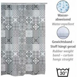WENKO Rideau De Douche Original Portugal, Rideau De Douche 180x200 Cm, Lavable En Machine Et Waterproof, 12 Anneaux Rideau De Douche En Plastique Blanc Inclus, Polyester, 180x200 Cm, Gris - Blanc -Rideau et tringle Soldes 2024 16527513 3