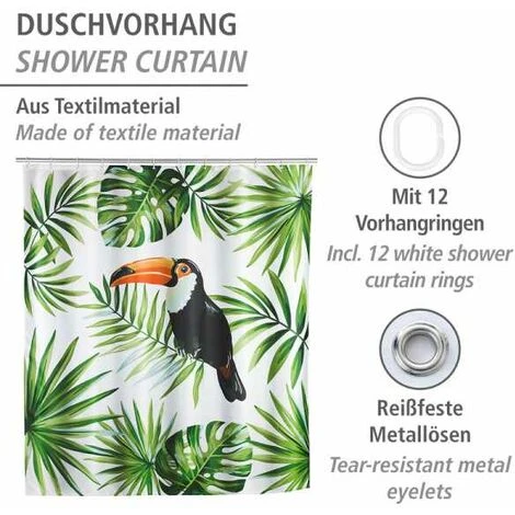 WENKO Rideau De Douche Original Tucan, Rideau De Douche 180x200 Cm, Lavable En Machine Et Waterproof, 12 Anneaux Rideau De Douche En Plastique Blanc Inclus, Polyester, 180x200 Cm, Multicolore 2 WENKO Rideau De Douche Original Tucan, Rideau De Douche 180x200 Cm, Lavable En Machine Et Waterproof, 12 Anneaux Rideau De Douche En Plastique Blanc Inclus, Polyester, 180x200 Cm, Multicolore – Image 2