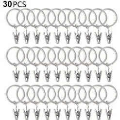 LONGZIMING 30 Anneaux De Rideau PCS Avec Pinces, Pinces à Draperie Solides, Crochets Sur Support De Tige De Tension, Diamètre Intérieur Oeillets En Métal Rideaux Décoratifs Cintres De Fenêtre, Argent