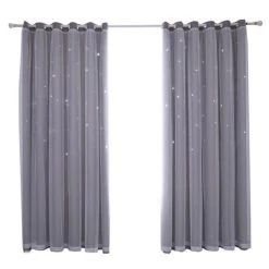 HAPPYSHOPPING Rideau En Etoile Creuse, Tissu De Rideau Occultant Complet En Fil Double Couche De Dentelle, Gris 1 M * 2 M Deux Pieces
