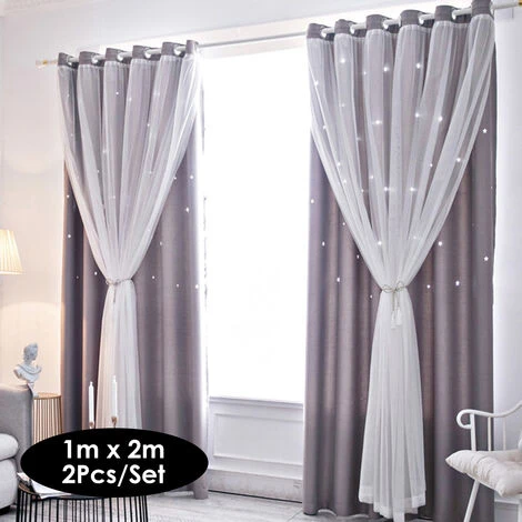 HAPPYSHOPPING Rideau En Etoile Creuse, Tissu De Rideau Occultant Complet En Fil Double Couche De Dentelle, Gris 1 M * 2 M Deux Pieces 2 HAPPYSHOPPING Rideau En Etoile Creuse, Tissu De Rideau Occultant Complet En Fil Double Couche De Dentelle, Gris 1 M * 2 M Deux Pieces – Image 2