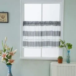 AIDUCHO 1 Panneau Rayé Poche Tringle Demi-Rideau Salle De Bain Court Niveaux Cantonnière - Gris 74x60cm -Rideau et tringle Soldes 2024 33719956 4