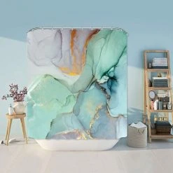 BRIDAY Rideaux De Douche En Marbre Coloré Pour Ensembles De Salle De Bain En Tissu Avec 12 Crochets Peinture à L'encre Abstraite à L'aquarelle, Texture De Jade Bleu Vert, Rayures Violettes Et Dorées, Décor D'impression Numérique Lavable En Machine -Rideau et tringle Soldes 2024 34726370 3