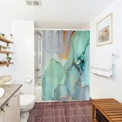 BRIDAY Rideaux De Douche En Marbre Coloré Pour Ensembles De Salle De Bain En Tissu Avec 12 Crochets Peinture à L'encre Abstraite à L'aquarelle, Texture De Jade Bleu Vert, Rayures Violettes Et Dorées, Décor D'impression Numérique Lavable En Machine -Rideau et tringle Soldes 2024 34726370 4