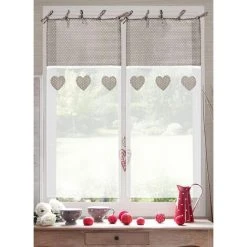 ENJOY HOME 2 Voiles Polycoton Base Droite SCHARMY Voile étamine Fixation Par Nouettes - 60 X 90 Cm BLANC Top Et Coeurs BEIGE