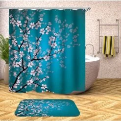 SUNFLOWER Japonais Rideau De Douche, Motif Sakura Bloom, Tissu Ensemble De Décor De Salle De Bain Avec Crochets, 180 Cm X 200 Cm, Essence Bleu Pâle Rose -Rideau et tringle Soldes 2024 36984303 3