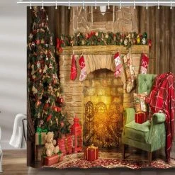 BRIDAY Rideau De Douche De Décoration De Noël, Salle De Cheminée D'arbre De Noël, Mise à Niveau Du Nouvel An, Rideaux De Bain En Tissu De Polyester, Accessoires De Salle De Bain, Avec Crochets 72X70 Pouces