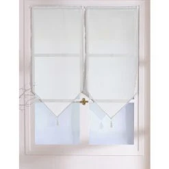 ENJOY HOME 2 Voiles Polyester Passe-tringle Pointes à Pompons LUTHEO - 60 X 90 Cm Uni BLANC