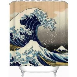 ABCRITAL Rideau De Douche Vague Japonaise Kanagawa Vague Rideau De Douche En Tissu Nautique Ensembles Décor De Salle De Bain Avec Crochets Imperméable Lavable -Rideau et tringle Soldes 2024 40002117 3