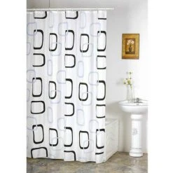 MSV Rideau De Douche Décor Anneaux Noirs Et Gris - Blanc