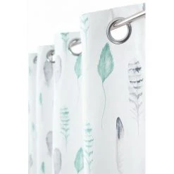 RIDEAUDISCOUNT Rideau 140 X 240 Cm à Oeillets Imprimé Motif Plumes Vertes Et Grises Fond Blanc - Blanc