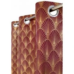 RIDEAUDISCOUNT Rideau Tamisant 135 X 260 Cm à Oeillets Motif Imprimé Métallisé Coquilles Doré Matière Recyclée Rouge Foncé - Rouge