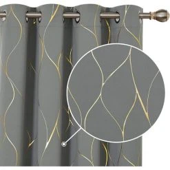 Deconovo Rideaux Occultants Thermique Isolant, Motifs Ligne Doré, 2 Pieces, 140x240 Cm, Gris Clair - Gris Clair