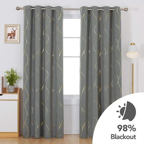 Deconovo Rideaux Occultants Thermique Isolant, Motifs Ligne Doré, 2 Pieces, 140x240 Cm, Gris Clair - Gris Clair 2 Deconovo Rideaux Occultants Thermique Isolant, Motifs Ligne Doré, 2 Pieces, 140x240 Cm, Gris Clair - Gris Clair – Image 2