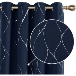 Deconovo Lot De 2 Rideaux Occultants à ?illets, Imprimé Vagues Métalliques, 132x138 Cm, Bleu Marine