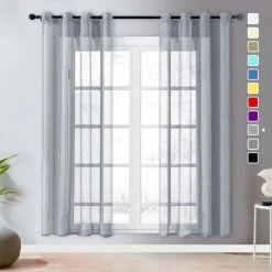 TOPFINEL Rideau Voilage Gris En Effet Lin 140x200cm A Oeillets - Rideaux Voilage Decoration Chambre Semi-Transparent - Rideau Cuisine - Lot De 2
