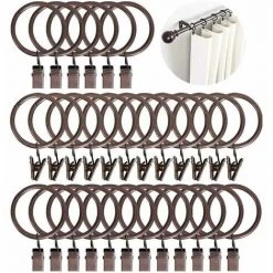 Lot De 30 Anneaux De Rideaux De 38 Mm Avec Clips En Métal Avec Crochets 40 Mm D'épaisseur Marron FUIENKO