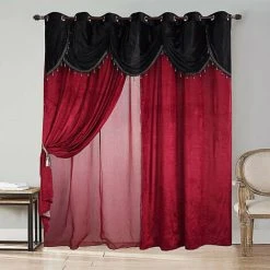 BEST INTERIOR Rideau Et Voilage Aspect Velours Cantonniere Perle Rouge 280x260cm - Rouge