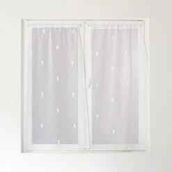 ENJOY HOME 2 Voiles Polyester Base Droite Finition Passe Tringle Sablé Brodé TELLINE - 60 X 90 Cm BLANC Brodé BLANC