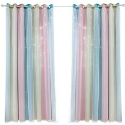 LIFCAUSAL 2pc Rideau Simple Dégradé Évider Motif Étoile Double Couche Blackout Chambre Salon Isolation Rideau，Rose 134*160cm