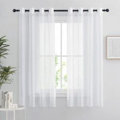 ENLENK Rideaux Voilages Blanc - Lot De 2 Rideau Court 140 X 160 Cm Décoration De Maison Chambre Cuisine, Organza Tulle Avec Oeillets Transparent Lumineux Filtrer, Blanc, 2 PCs