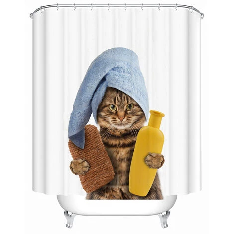 FONTAINEBLEAU Fonepro 1 Pcs 180*180cm Rideau De Douche Motif Chat Mignon, Pour Salle De Bain, Tissu Polyester Imperméable, Avec Crochets -Rideau et tringle Soldes 2024 59550157 1