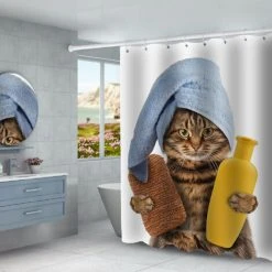 FONTAINEBLEAU Fonepro 1 Pcs 180*180cm Rideau De Douche Motif Chat Mignon, Pour Salle De Bain, Tissu Polyester Imperméable, Avec Crochets -Rideau et tringle Soldes 2024 59550157 3