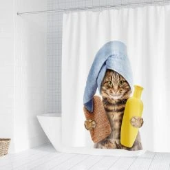 FONTAINEBLEAU Fonepro 1 Pcs 180*180cm Rideau De Douche Motif Chat Mignon, Pour Salle De Bain, Tissu Polyester Imperméable, Avec Crochets -Rideau et tringle Soldes 2024 59550157 4