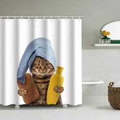 FONTAINEBLEAU Fonepro 1 Pcs 180*180cm Rideau De Douche Motif Chat Mignon, Pour Salle De Bain, Tissu Polyester Imperméable, Avec Crochets -Rideau et tringle Soldes 2024 59550157 5