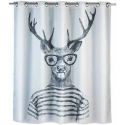 WENKO Rideau De Douche Antimoisissure Mr Deer Comfort Flex, Rideau De Douche Original, Lavable En Machine Et Waterproof, 10 Anneaux Rideau De Douche Intégrés, Polyester, 180x200 Cm, Noir - Blanc - Blanc
