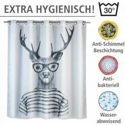 WENKO Rideau De Douche Antimoisissure Mr Deer Comfort Flex, Rideau De Douche Original, Lavable En Machine Et Waterproof, 10 Anneaux Rideau De Douche Intégrés, Polyester, 180x200 Cm, Noir - Blanc - Blanc -Rideau et tringle Soldes 2024 6578938 3