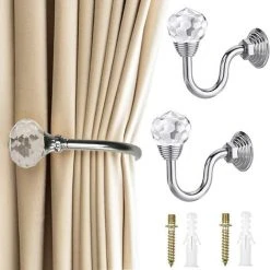 LADACèE 2 Pièces Crochets De Rideau En Cristal, Crochets Décoratifs En Cristal, Crochets En U En Cristal Rétro Embrasses En Métal Avec Vis, Pour Rideau, Serviette De Douche, Vêtements De Manteau (Argent)