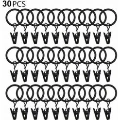 FVO Longziming-30 Anneaux De Rideaux PCS Avec Pinces, Pinces à Draperie Solides, Crochets Sur Support De Tige De Tension, Diamètre Intérieur Oeillets En Métal Rideaux Décoratifs Cintres De Fenêtre, Noir