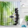 READCLY Rideau De Douche Anti Moisissure Zen Spa Vert Bambou Rideau De Bain Pierres Noir Fleur Orchidée Blanc Étanche Polyester Tissu Rideaux De Salle De Bain Avec 10pcs Crochets,150x180cm